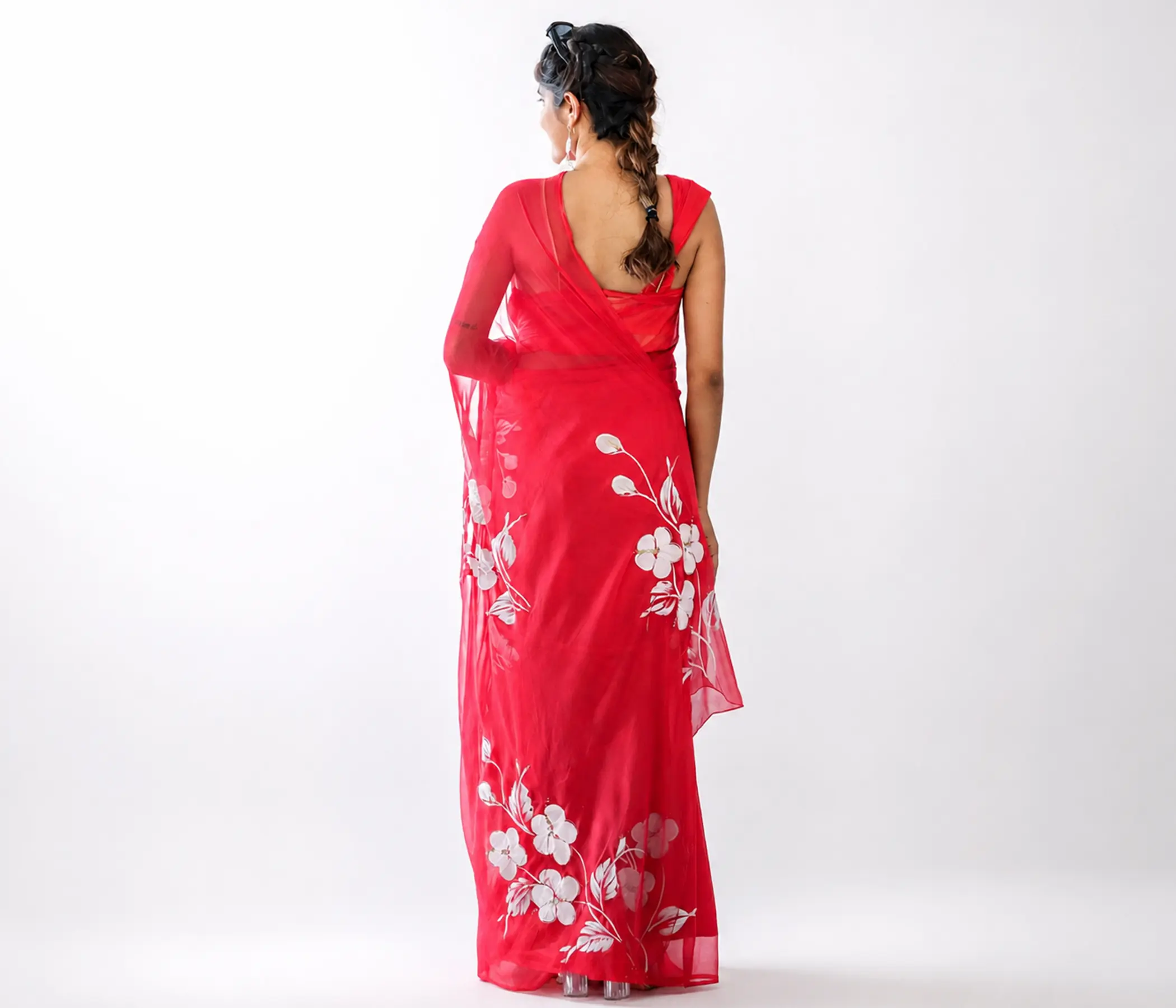 Hand-Painted Crimson Red Organza Saree with White Floral Artwork
